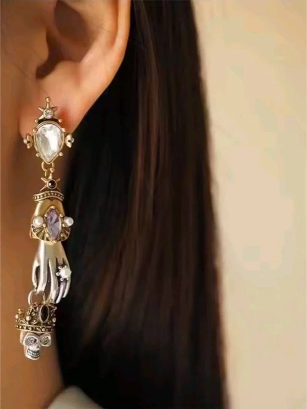 Gold and Silver Hand Drop Earrings with Purple and Clear Stones